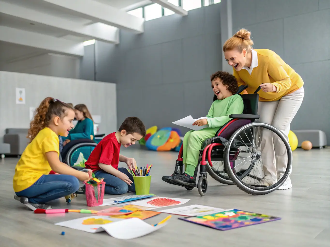 A vibrant image of children with disabilities engaging in an art therapy session, expressing their creativity and emotions through painting and drawing, guided by a supportive therapist.