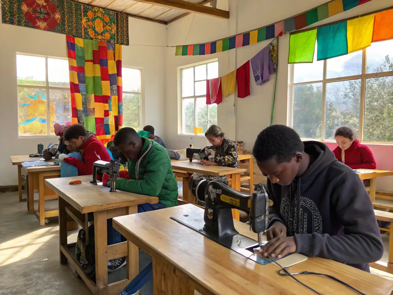 A group of young adults with disabilities participating in a vocational training workshop, focusing on hands-on skills and teamwork, set in a bright and supportive environment.