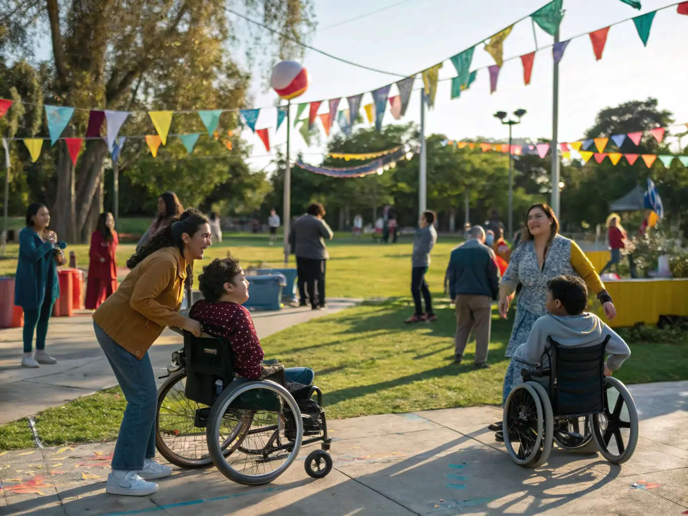 A photograph of adults with disabilities participating in a social outing, such as a community event or a recreational activity, showcasing their engagement and integration within the broader community.