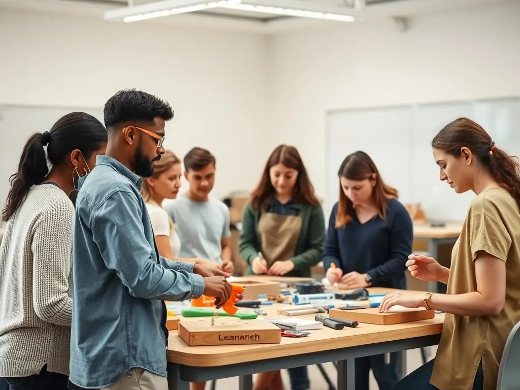 An image of a group of adults with disabilities participating in a vocational training session, engaging with trainers in a supportive environment.
