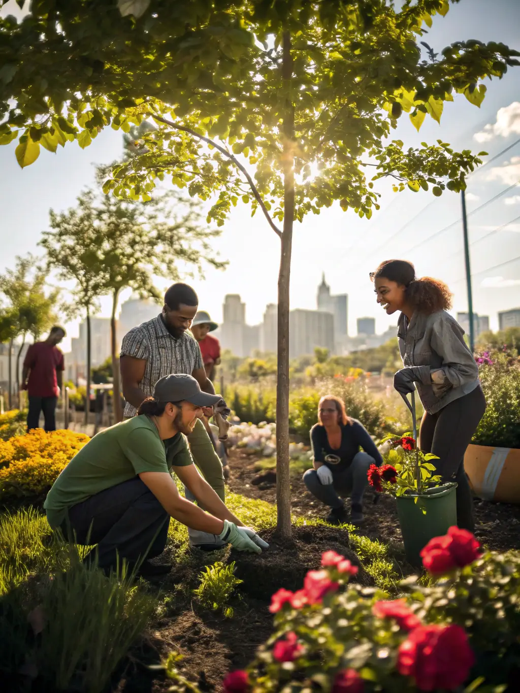 A vibrant photo of volunteers planting trees in a local park, showcasing ADELE's reforestation efforts.