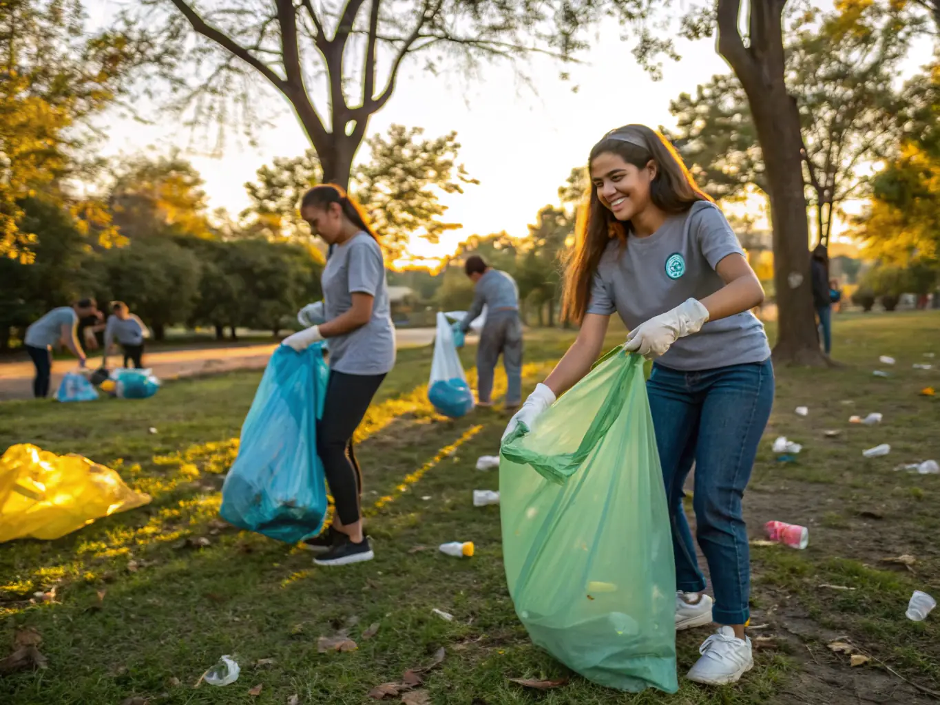 A vibrant community cleanup event in Arsac-en-Velay, with volunteers of all ages collecting litter and beautifying the local environment, showcasing ADELE's dedication to community involvement.