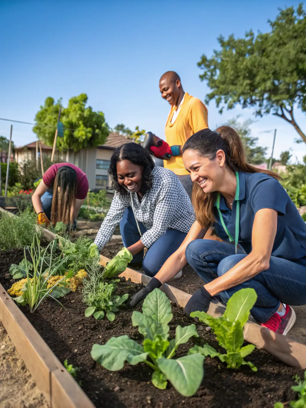 A photo of ADELE members working in a community garden, promoting sustainable agriculture and local food production.