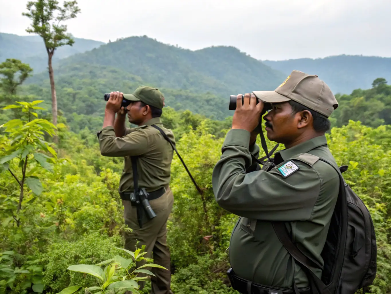 Wildlife rangers patrolling a forest area with surveillance equipment, working to prevent illegal hunting and protect the local wildlife populations.