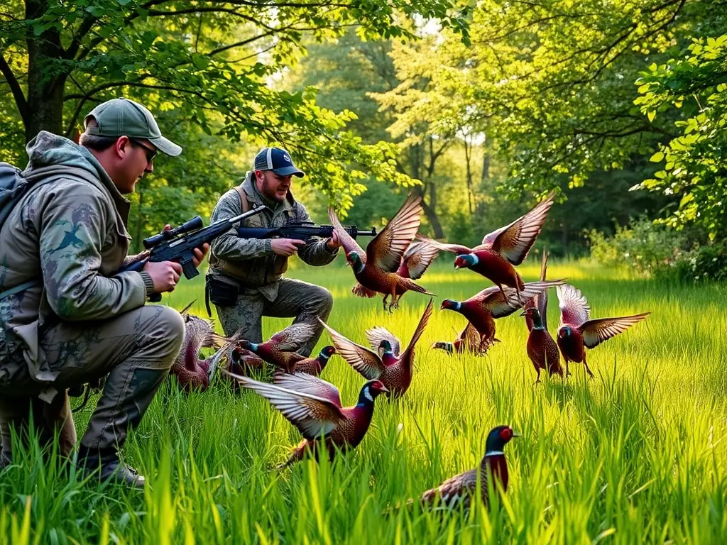 A photograph showing members of ASSOCIATION COMMUNALE DE CHASSE AGREEE DE BENAC releasing pheasants into a designated hunting area, illustrating the club's efforts to enhance game populations through restocking programs.