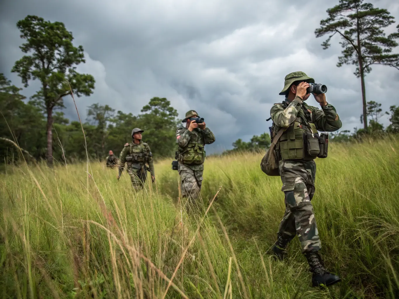 A scenic view of a forest with wildlife rangers monitoring animal populations, ensuring the health and sustainability of the local ecosystem.