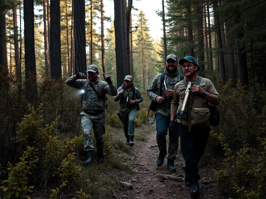 A photograph capturing members of ASSOCIATION COMMUNALE DE CHASSE AGREEE DE BENAC on patrol in a forest, equipped with binoculars and radios, demonstrating their dedication to preventing poaching and protecting local wildlife.